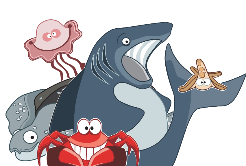 Illustration of sea creature team looking over fold in the page layout