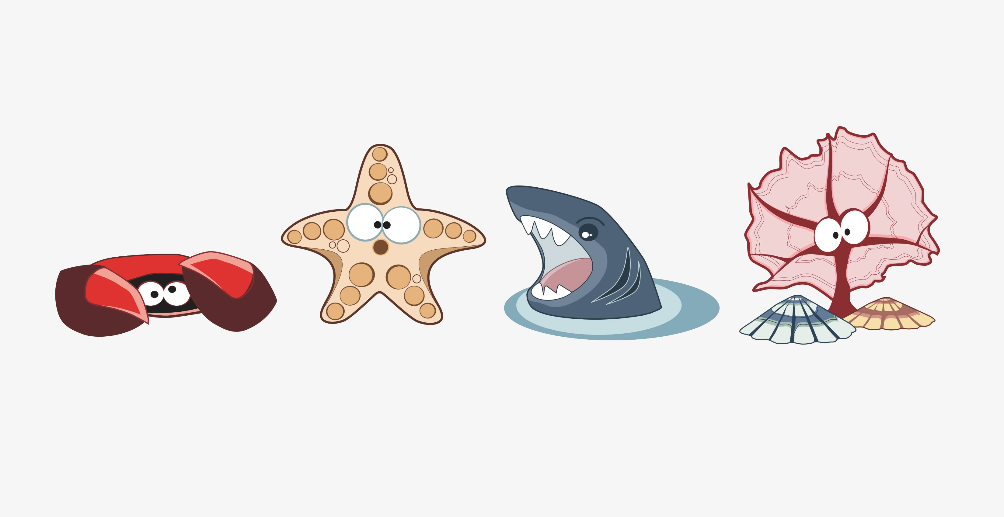 Supporting character illustrations. Crab, starfish, shark and sea fan