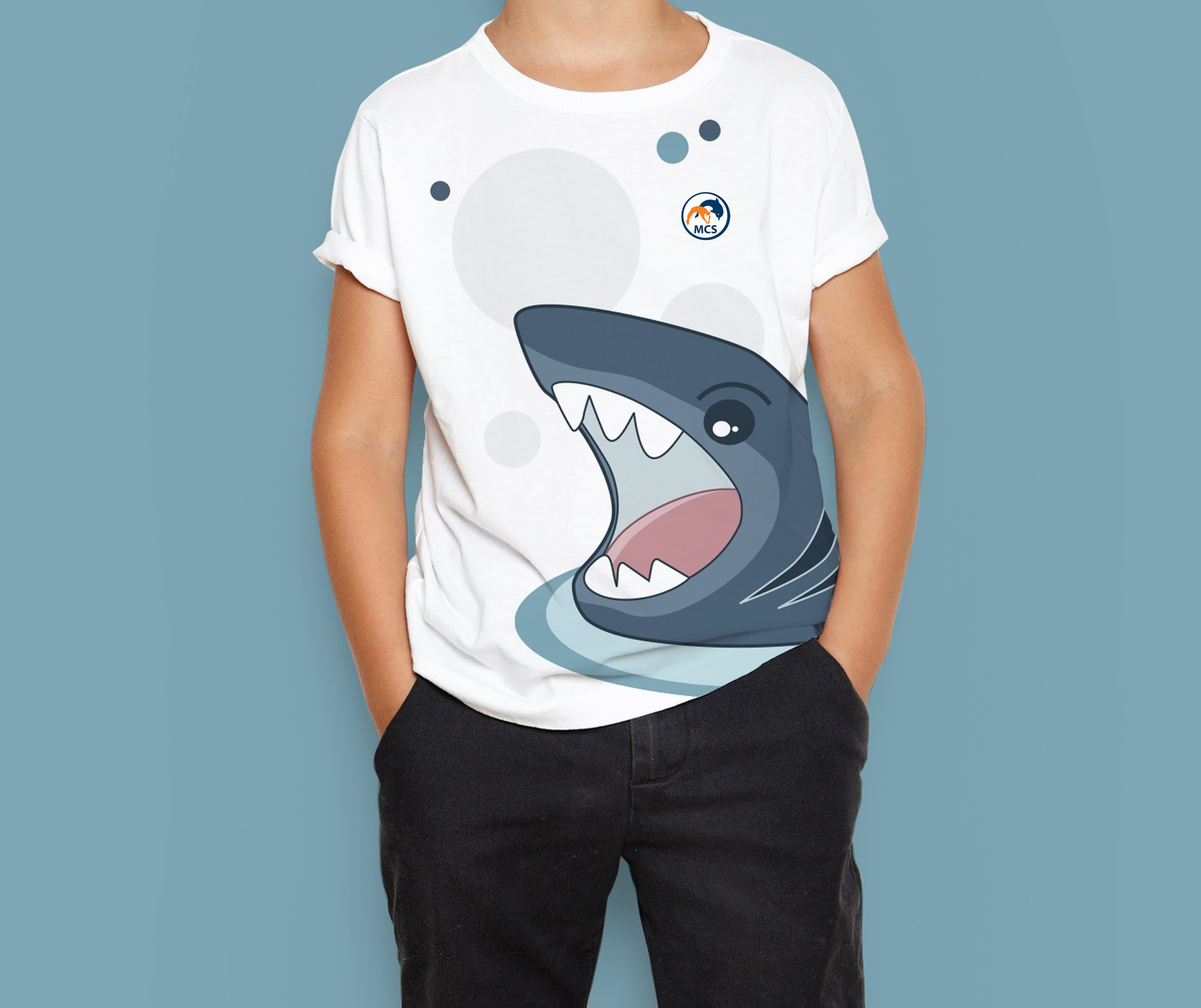 T-shirt design featuring shark character illustration
