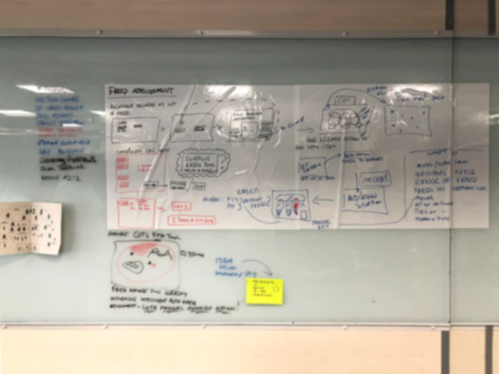 Photograph of a wall displaying discovery session output