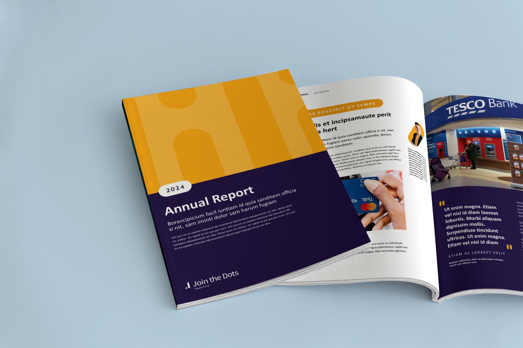 Brochure mockup with new Join the Dots branding applied