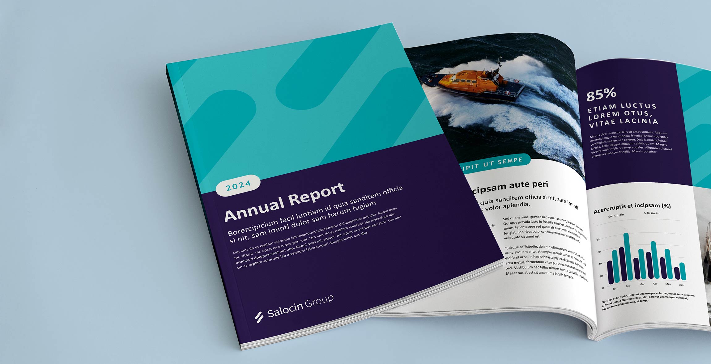 Brochure mockup with new Salocin branding applied