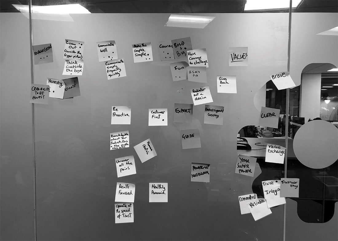Photographs of sticky notes created in a brand discovery workshop