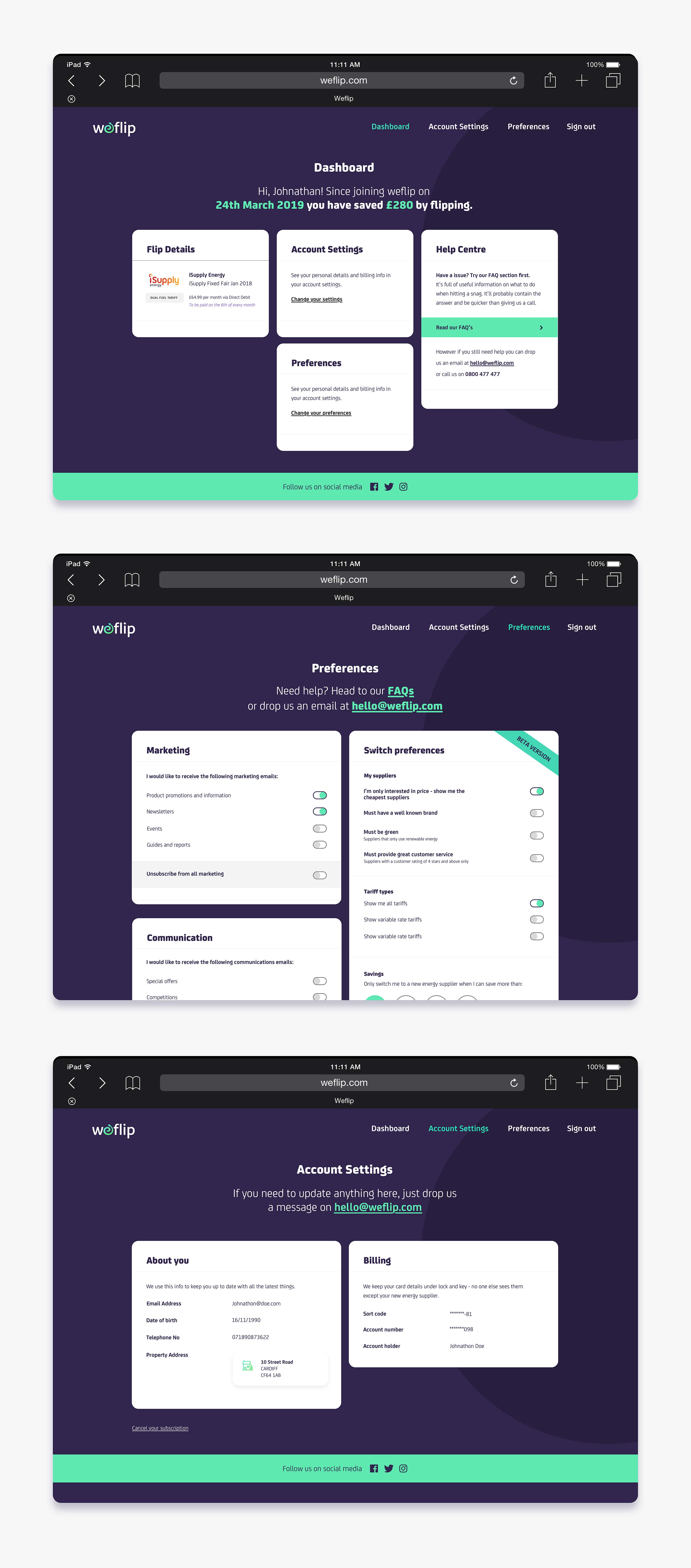 User account UI designs